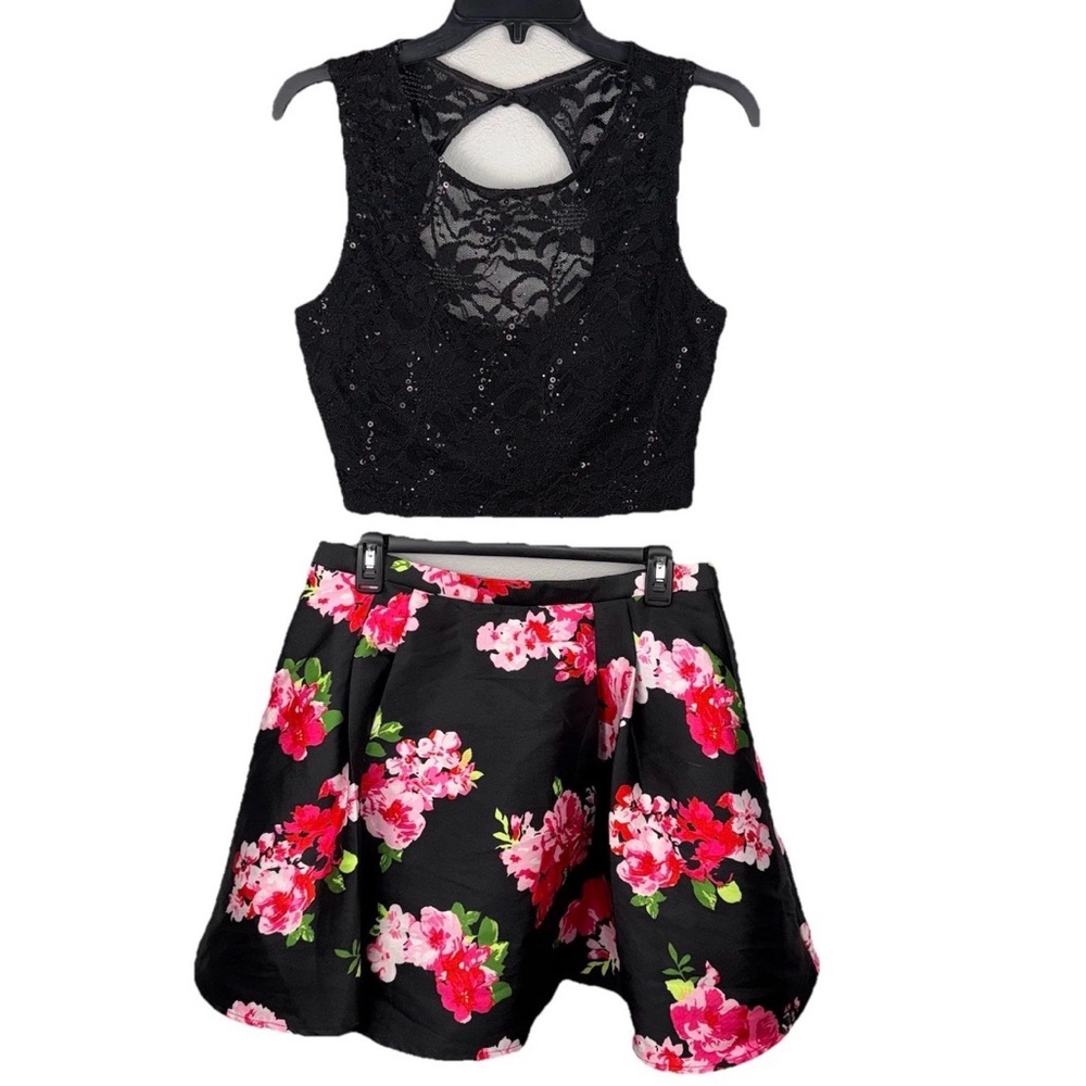 B. Darlin 2 Pc Lace Floral Black Pink Cocktail Party Prom Dress 11/12 Sequins - Picture 1 of 15